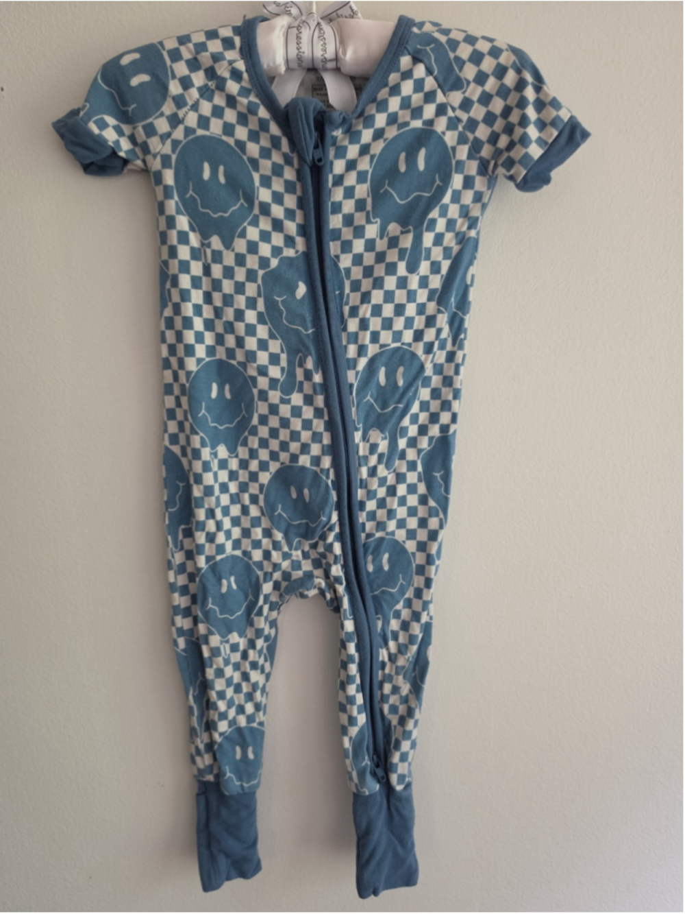 Bella-Breez Boutique Blue Melting Smiley Checkered Bamboo Zippie 3-6 Months